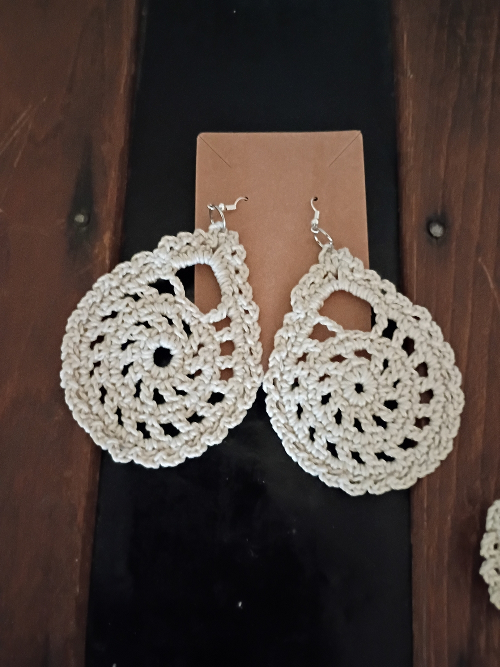 Handmade Crochet Teardrop Dangle Earrings - Cream Boho